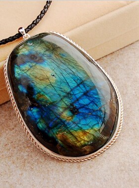 纯银复古手工镶嵌拉长石女士吊坠