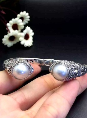 S925纯银复古巴厘岛手工雕花镶嵌天然马蓓珍珠女士纯银开口手镯环