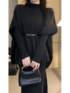 秋冬搭配一整套大码女装高级感法式高领针织斗篷外套女内搭连衣裙