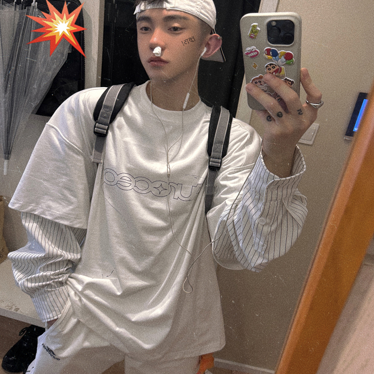 Aurocean 假两件白色长袖T恤 320克重纯棉涂鸦印花衬衫袖大版t