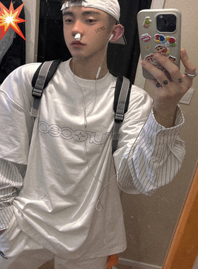 Aurocean 假两件白色长袖T恤 320克重纯棉涂鸦印花衬衫袖大版t