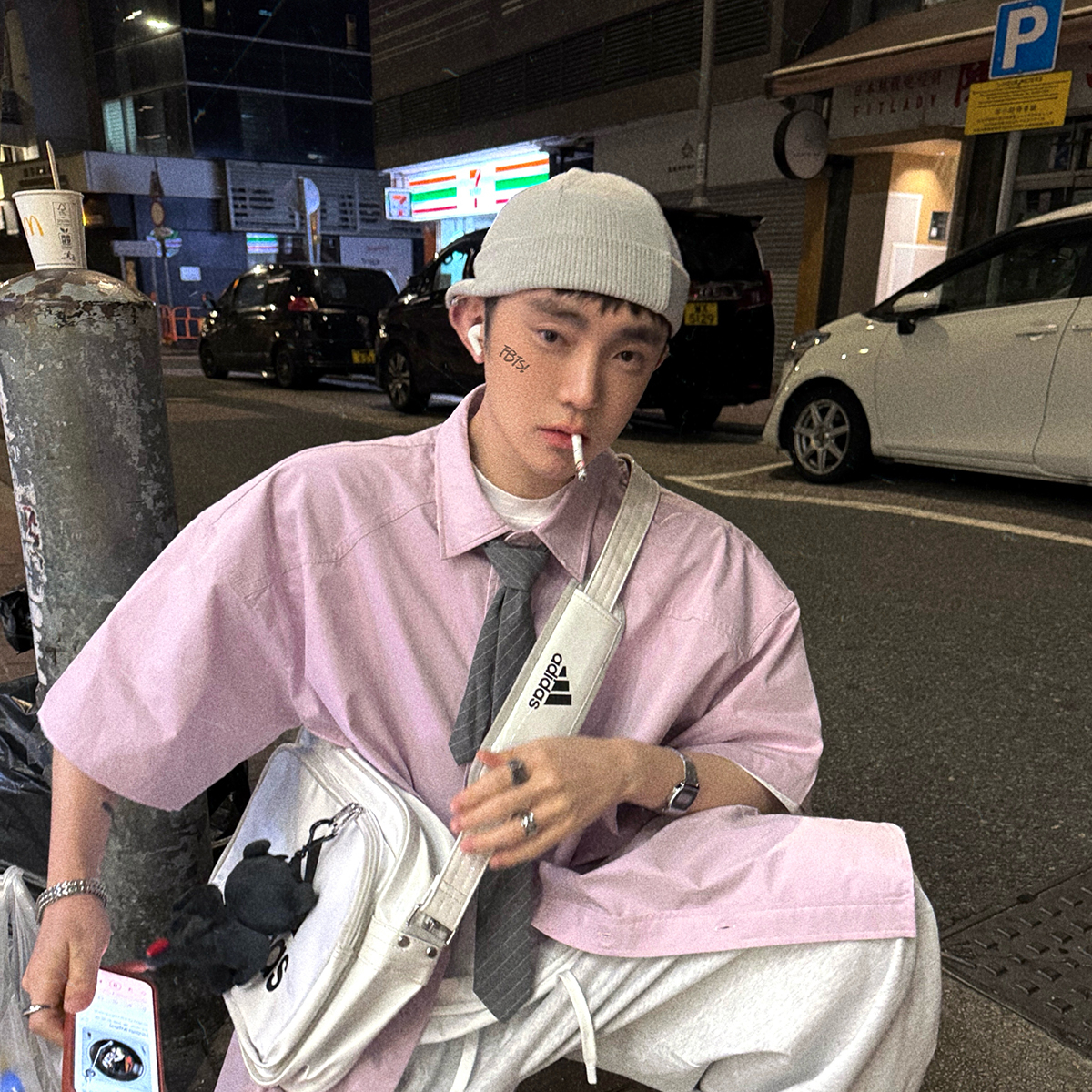 Aurocean 奶痞少年大版浅粉色短袖衬衫 宽肩磨损做旧水洗纯棉衬衣