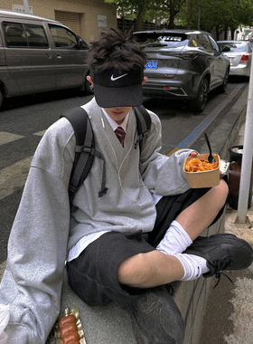 Aurocean 复古学院领短宽卫衣 420克重磅纯棉破损做旧花灰色大V领