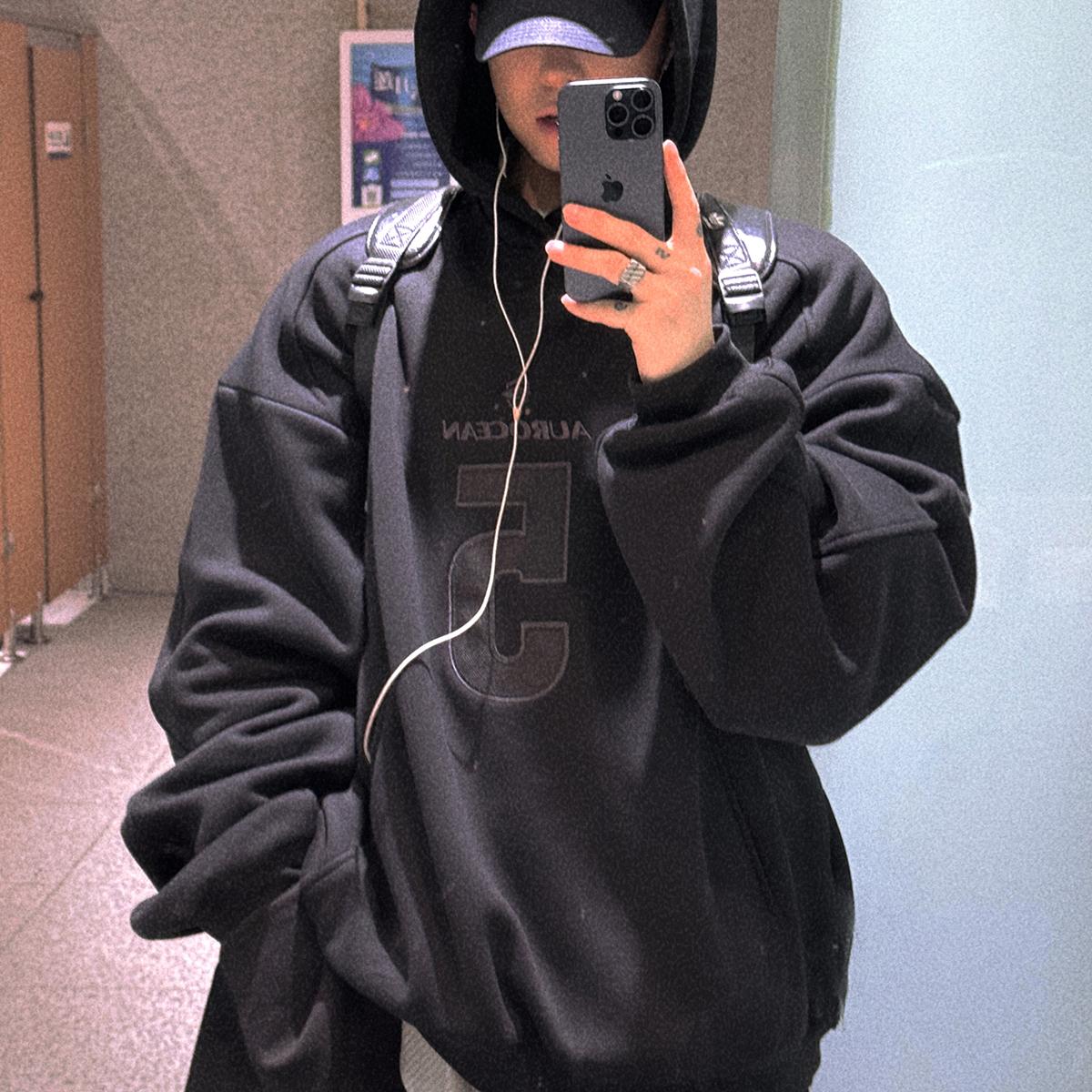 Aurocean 全黑加绒球服连帽卫衣 500克重磅摇粒绒大版贴布绣球衣