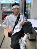 磨损做旧球服刺绣重磅纯棉浅花灰双杠短袖 Aurocean 复古运动T恤