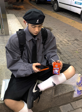 Aurocean 灰色长袖衬衫 高冷学霸全棉宽松大版刺绣纯色叠穿内搭