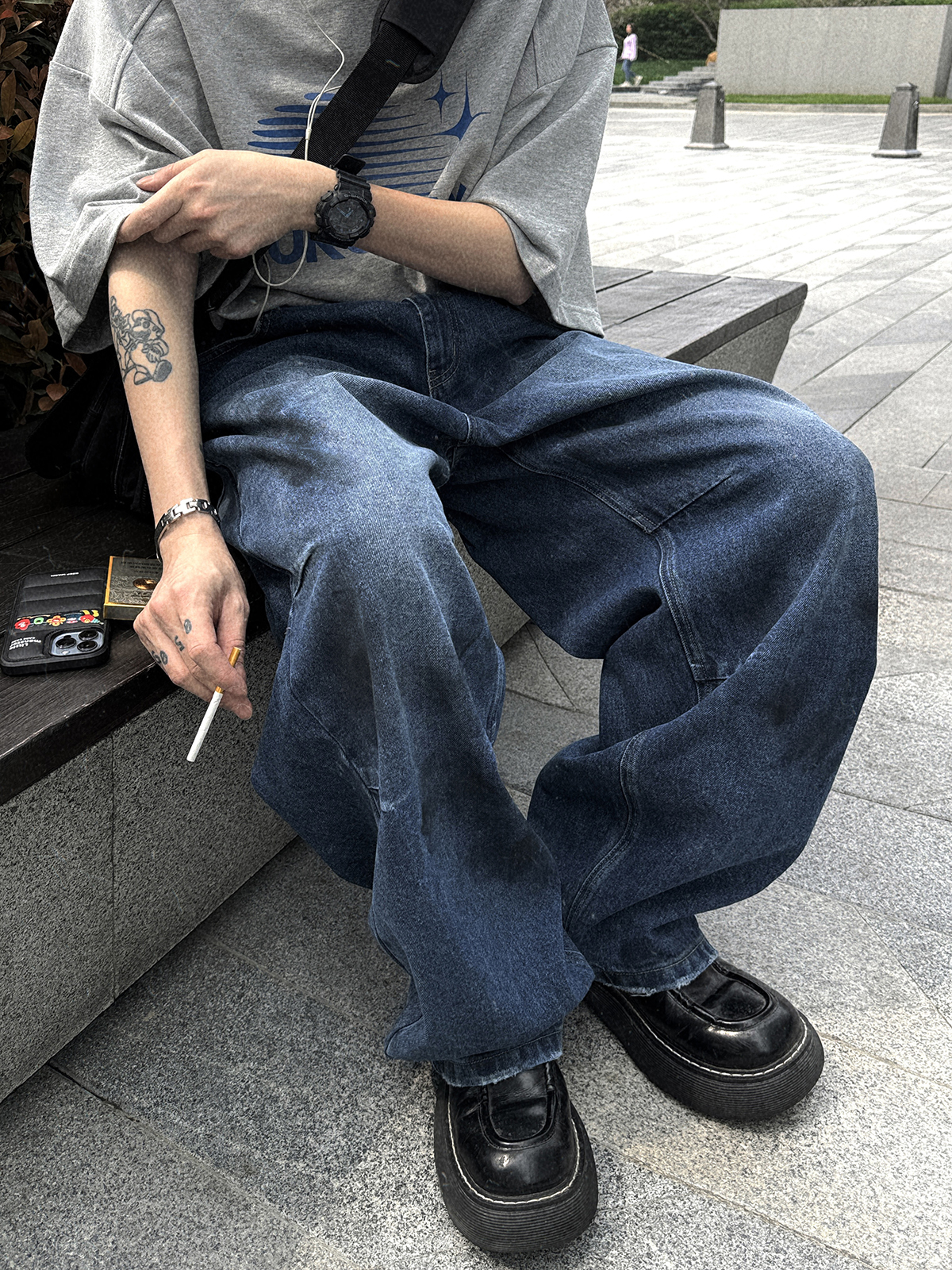 Aurocean长裤水洗做旧脏染牛仔裤