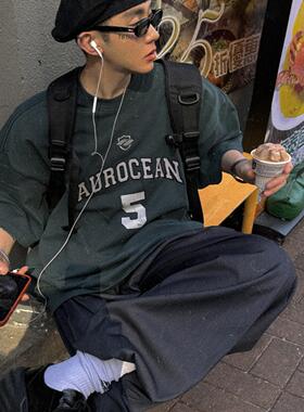 Aurocean 复古刺绣球衣T恤 320克重磅纯棉冷绿色宽松大版球服短袖