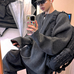 廓形针织衫 秋冬氛围深灰色宽版 绒感学院V领毛衣 Aurocean