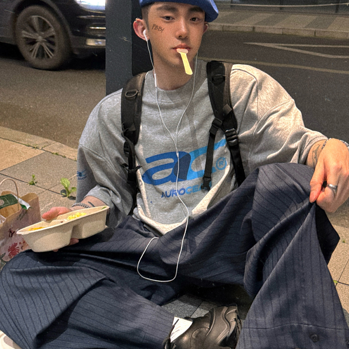 Aurocean 故障油墨印花短袖T恤 重磅纯棉花灰色宽肩廓形大版t