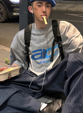 Aurocean 故障油墨印花短袖T恤 重磅纯棉花灰色宽肩廓形大版t