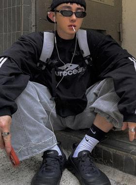 Aurocean 假两件运动长袖T恤手绘涂鸦印花320克重磅纯棉黑色大版t