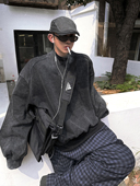 Aurocean 420克重磅纯棉炒色破损做旧复古大V领 暗黑学院短宽卫衣