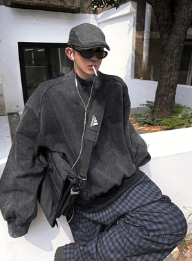 Aurocean 暗黑学院短宽卫衣 420克重磅纯棉炒色破损做旧复古大V领