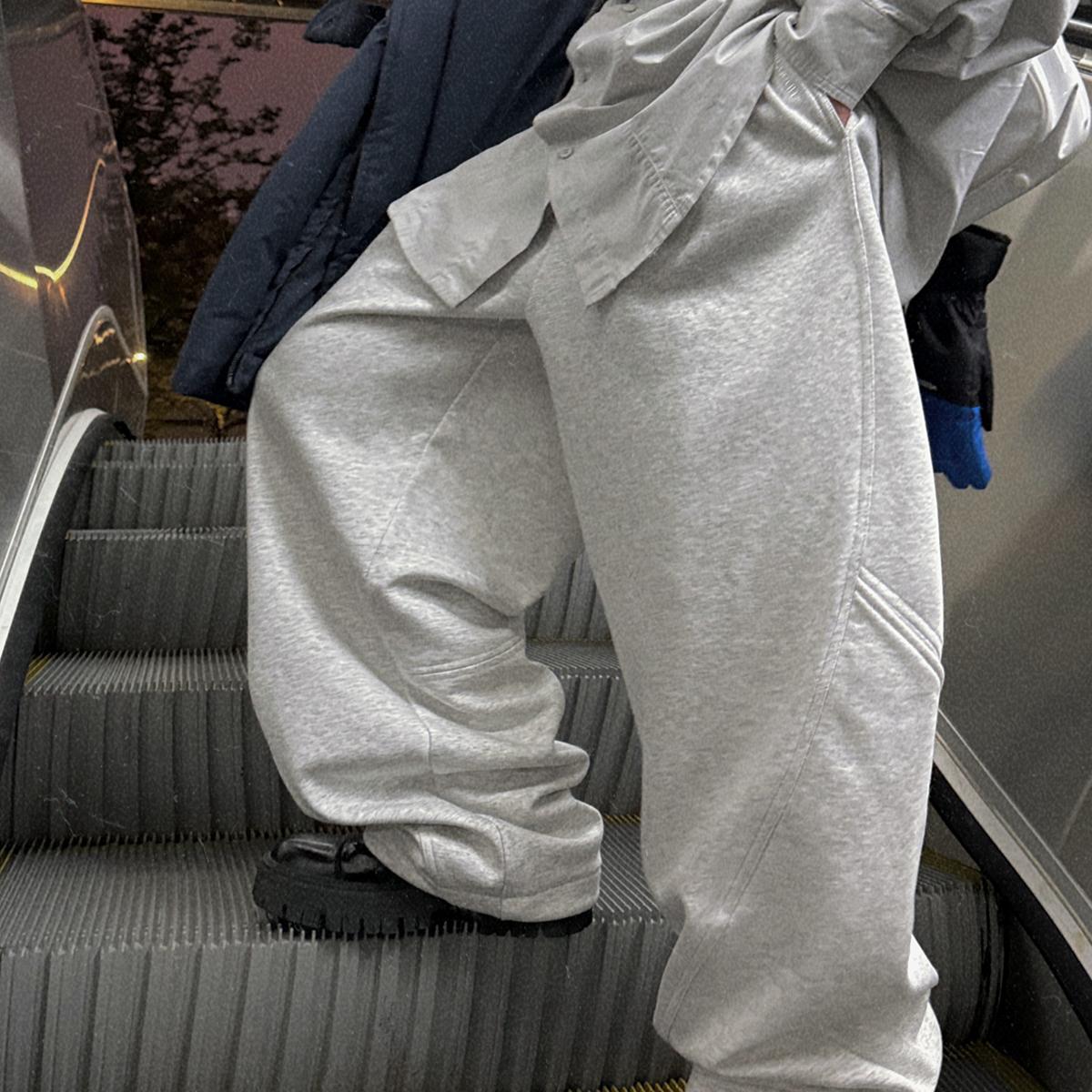 Aurocean 浅花灰加绒卫裤 500克重磅廓形堆叠感弯刀冬季休闲裤