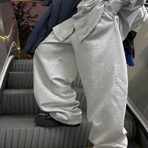 Aurocean 浅花灰加绒卫裤 500克重磅廓形堆叠感弯刀冬季休闲裤