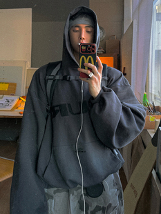 Aurocean 双层廓形短宽连帽卫衣 复古贴布绣深灰色秋冬内搭