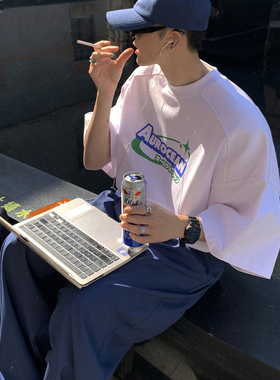 Aurocean 复古印花T恤 320克重磅全棉蓝绿撞色简约少年感廓形短袖