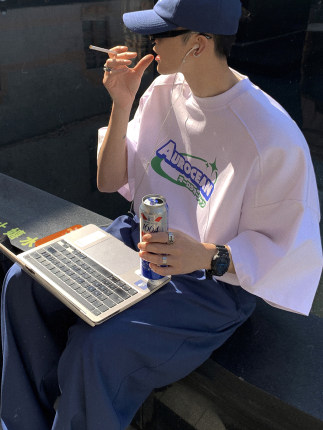 Aurocean 复古印花T恤 320克重磅全棉蓝绿撞色简约少年感廓形短袖