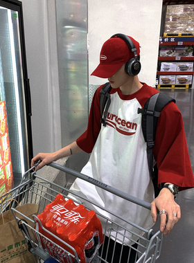 Aurocean 插肩短袖T恤 320克重磅全棉美式复古红白拼接宽松五分袖