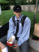 长袖 灵魂内搭复古运动刺绣抗皱面料宽松大版 浅蓝色衬衫 Aurocean