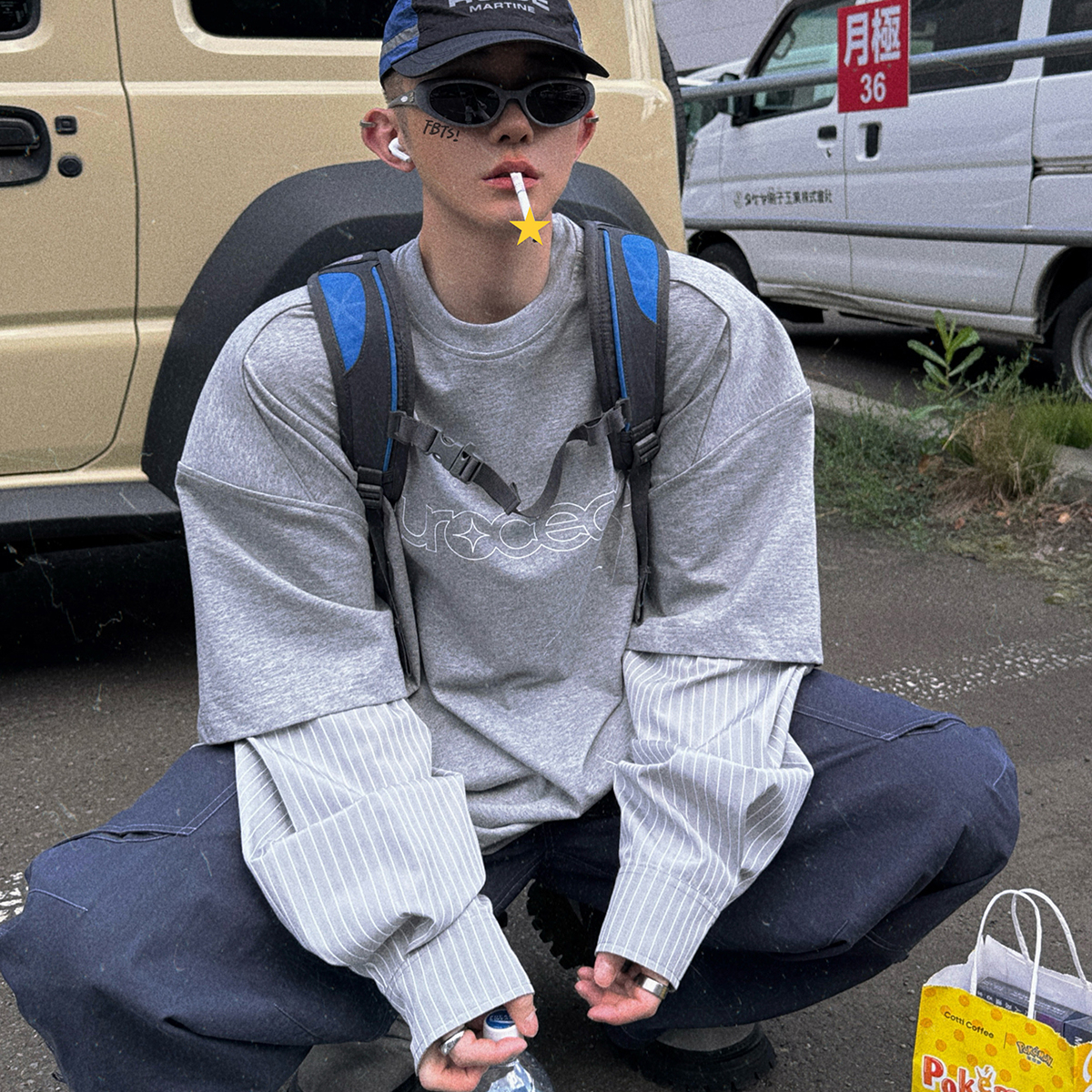 Aurocean 假两件灰色长袖T恤 320克重纯棉涂鸦印花衬衫袖大版t