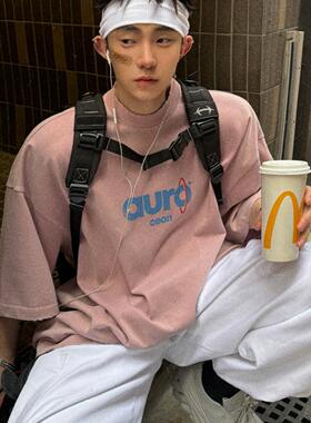 Aurocean 水洗做旧灰粉色短袖T恤 320克纯棉热固油墨印花大版t