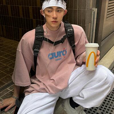 Aurocean 水洗做旧灰粉色短袖T恤 320克纯棉热固油墨印花大版t