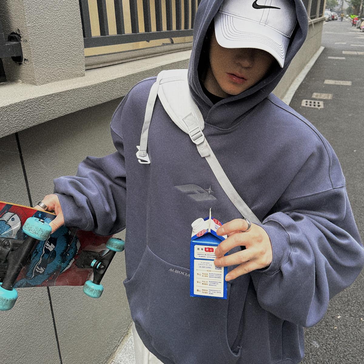 Aurocean 灰蓝色刺绣加绒连帽卫衣 500克重磅宽版廓形冬季内搭