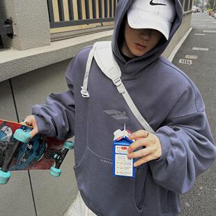 Aurocean 灰蓝色刺绣加绒连帽卫衣 500克重磅宽版廓形冬季内搭