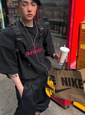 Aurocean 经典红标刺绣T恤 宽肩廓形重磅纯棉破损做旧黑色短袖