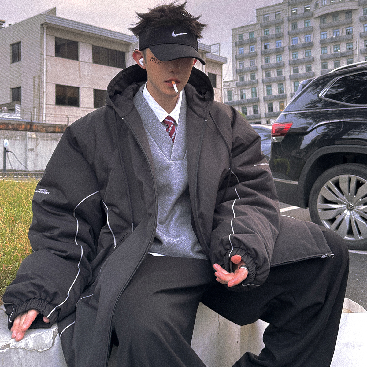 Aurocean 运动少年感连帽棉服 中长款廓形黑色棉衣外套