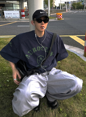 Aurocean 破旧油墨印花T恤 320克重磅纯棉磨损做旧藏青色短袖