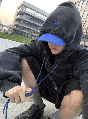 Aurocean 炒色做旧连帽卫衣450克重磅全棉毛圈宽短大版黑开衫外套