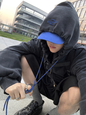 Aurocean 炒色做旧连帽卫衣450克重磅全棉毛圈宽短大版黑开衫外套