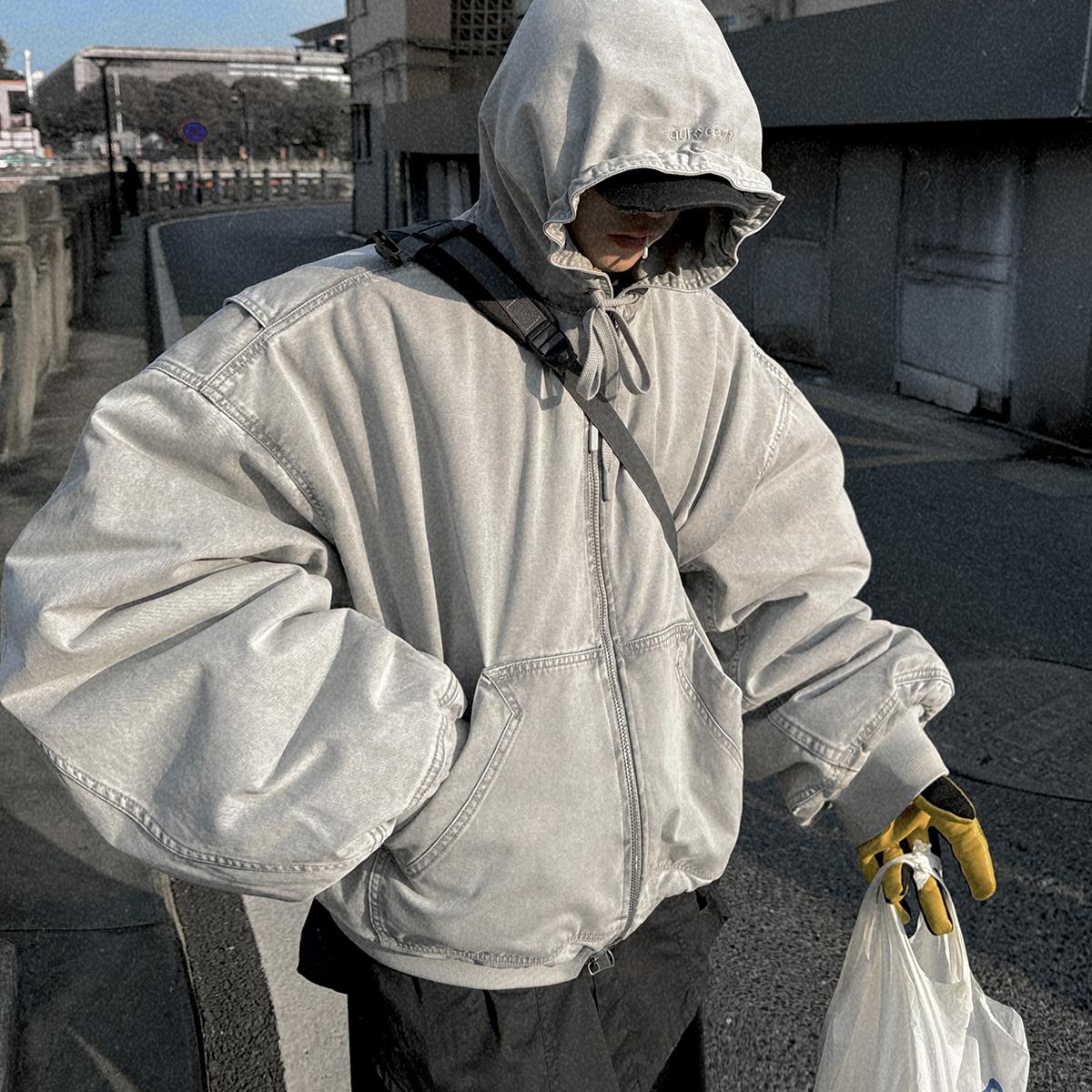 Aurocean 重炒盐灰白宽短连帽棉服 水洗纯棉做旧廓形加厚保暖棉衣