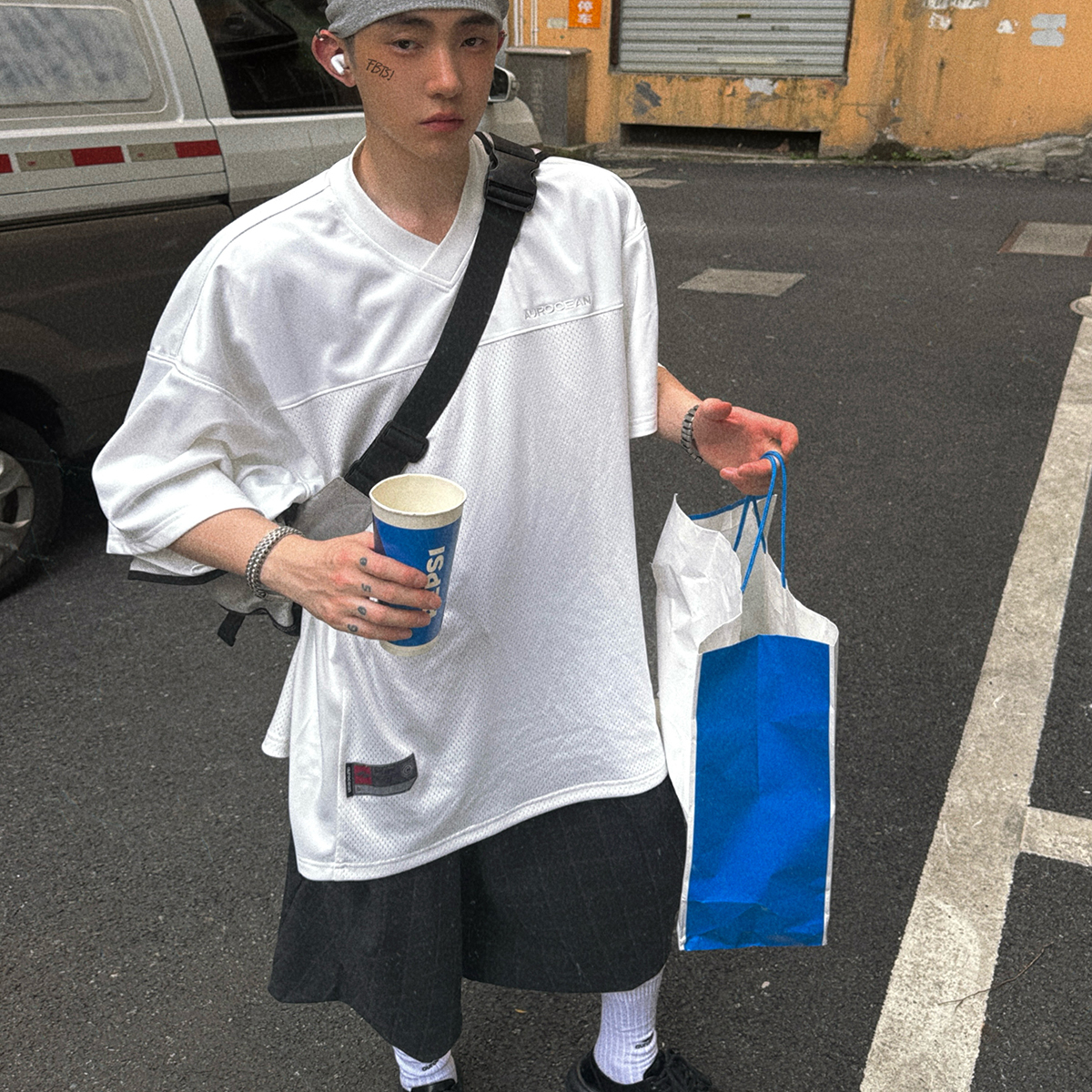 Aurocean 重磅纯白色橄榄球衣 定制微光泽垂感面料oversizeT恤