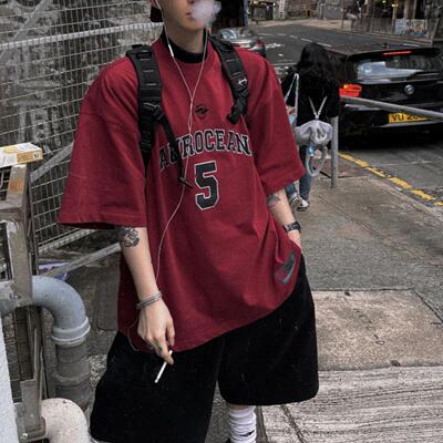 Aurocean 元气少年球衣T恤 320克重磅纯棉复古红色大版球服短袖