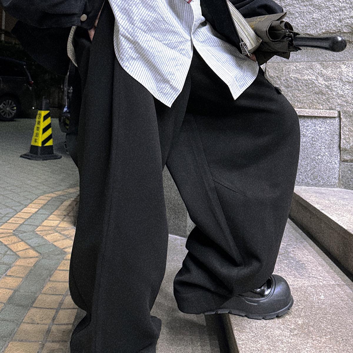 Aurocean 加厚磨毛大廓形学院西裤 保暖立体收褶堆叠感黑色休闲裤