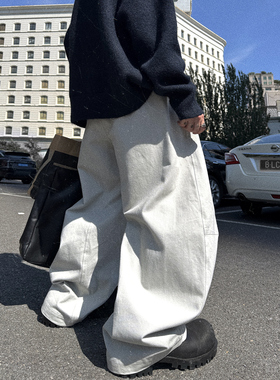 Aurocean 奶灰色弯刀廓形休闲裤 松弛堆叠感重磅纯棉阔腿裤