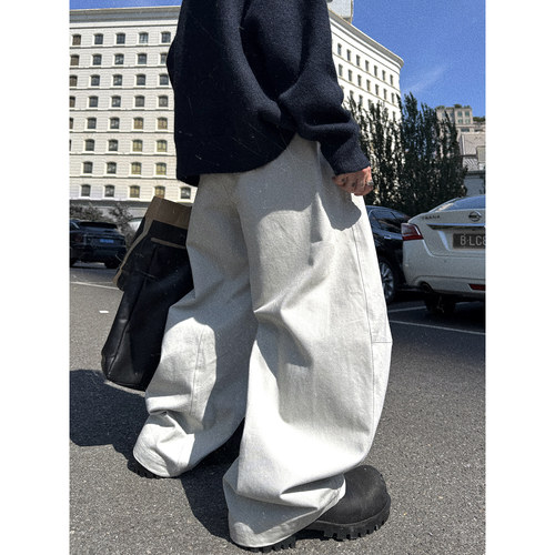 Aurocean 奶灰色弯刀廓形休闲裤 松弛堆叠感重磅纯棉阔腿裤