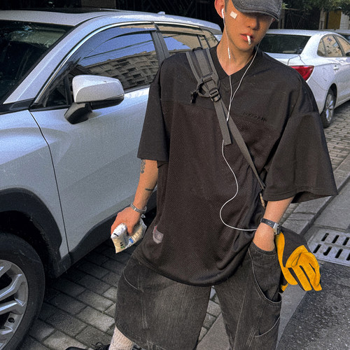 Aurocean 重磅暗黑复古橄榄球衣 定制微光泽垂感面料oversizeT恤