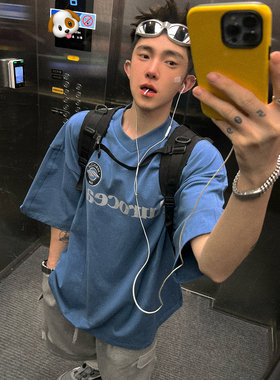 Aurocean 复古徽章刺绣短袖球衣 宽松大版做旧印花奶蓝色球服T恤