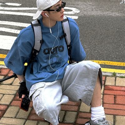 Aurocean 奶蓝色日漫丧脸T恤 定制染色重磅破损做旧宽松大版短袖