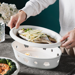 陶瓷家用可加热鱼盘蒸鱼专用盘子餐具明炉保温剁椒鱼头大盘鸡蜡烛