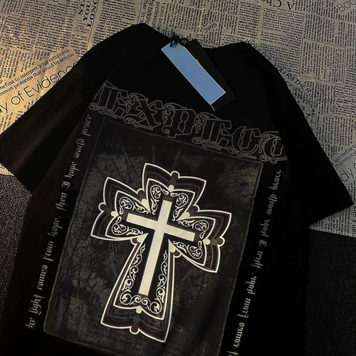 腰花十字架印花短袖t恤男女