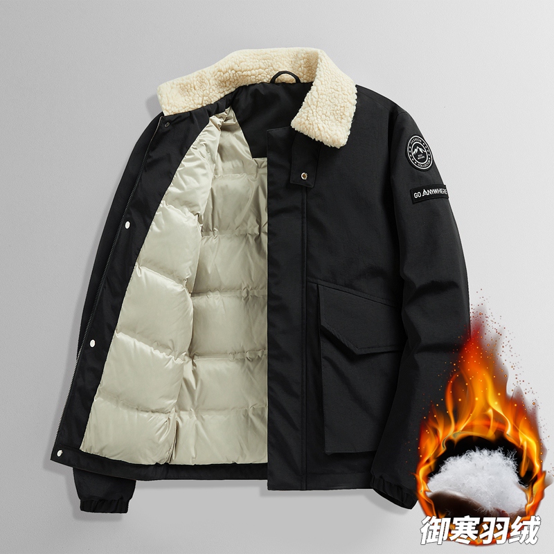 2025新款冬季男女羊羔毛翻领羽绒服加厚保暖防寒服灰鸭绒可爱外套