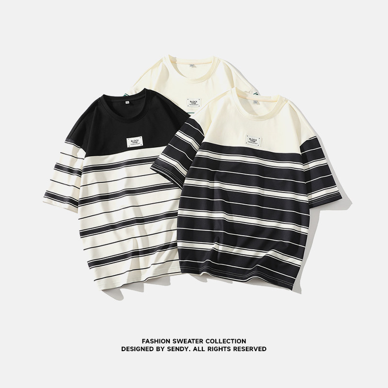 2026新款条纹夏季男潮流宽松服潮牌港风学生短袖T恤五分袖半袖T恤