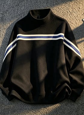 痞帅半高领卫衣男女款春秋季新款撞色条纹长袖宽松休闲德绒打底衫