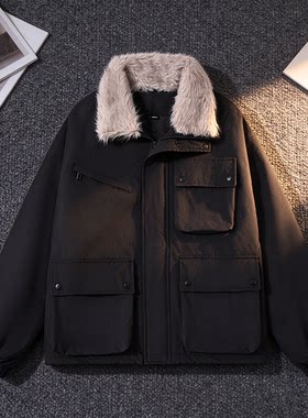 痞帅男女同款工装棉服冬季大毛领多口袋宽松厚棉衣情侣派克服外套